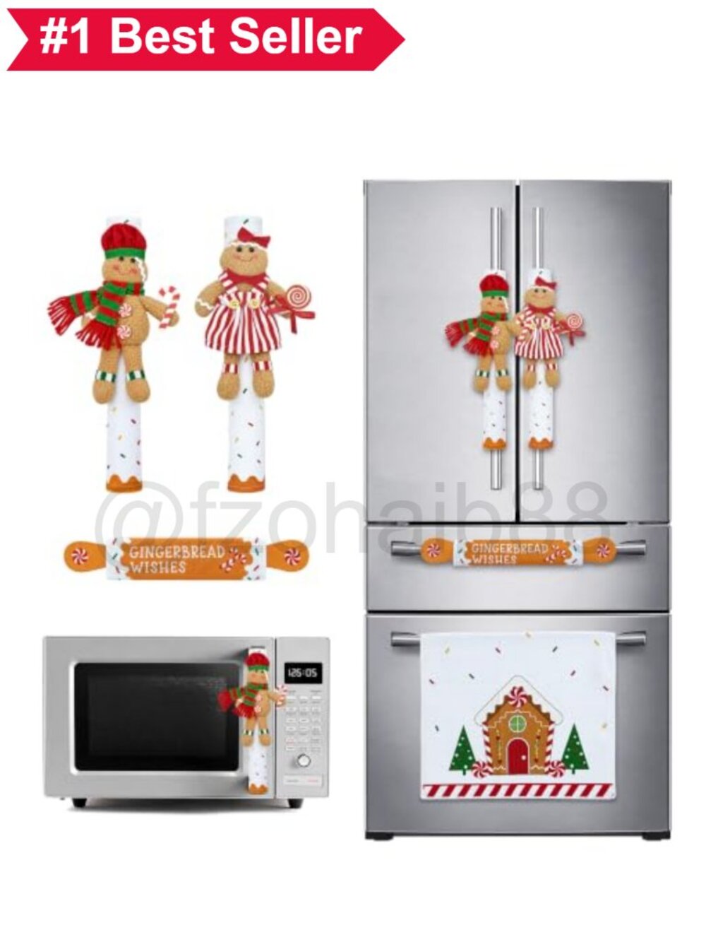 🎄 Gingerbread Man Fabric Fridge Handle Covers Set of 3 with Hand Towel